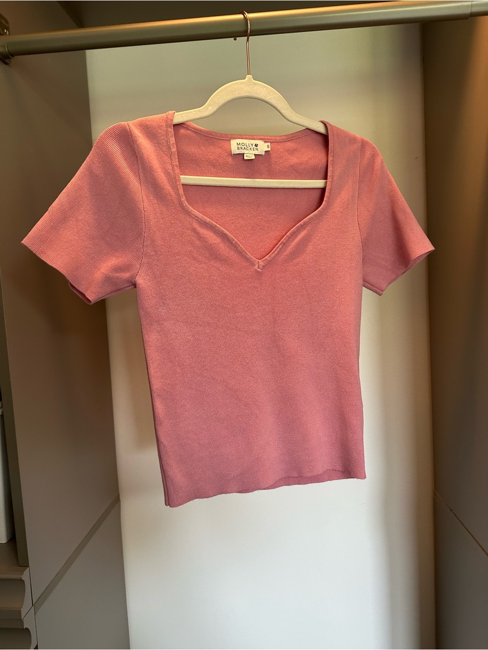 Molly Bracken Rose Pink Sweetheart Neck Short Sleeve knit Top